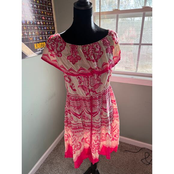 Flying Tomato Dresses & Skirts - Flying Tomato Large Pink White Floral Print Off Shoulder Peasant Boho Mini Dress